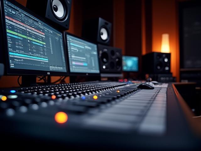 Close-up of the state-of-the-art mixing console and monitors in the control room