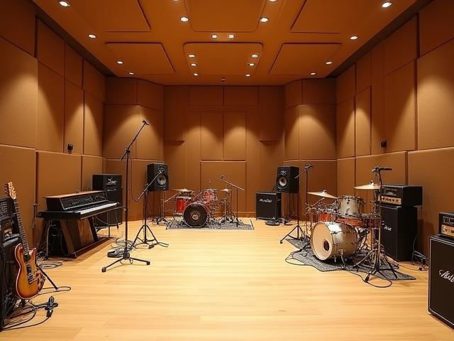 Spacious main live recording room at Aurora Estúdios with various instruments